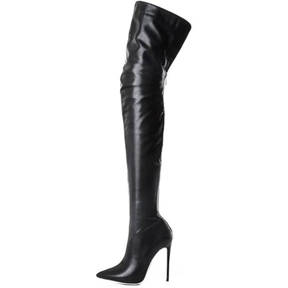 Linmuyoujia Womens Size 9.5 Black Faux Leather 5" Heel Thigh High Back Zip Boots - Picture 1 of 5